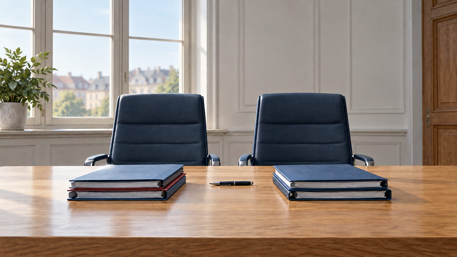 Zwei leere Chefsessel hinter einem Tisch mit Bewerbungsunterlagen – Symbolbild zur Dezernentenwahl.